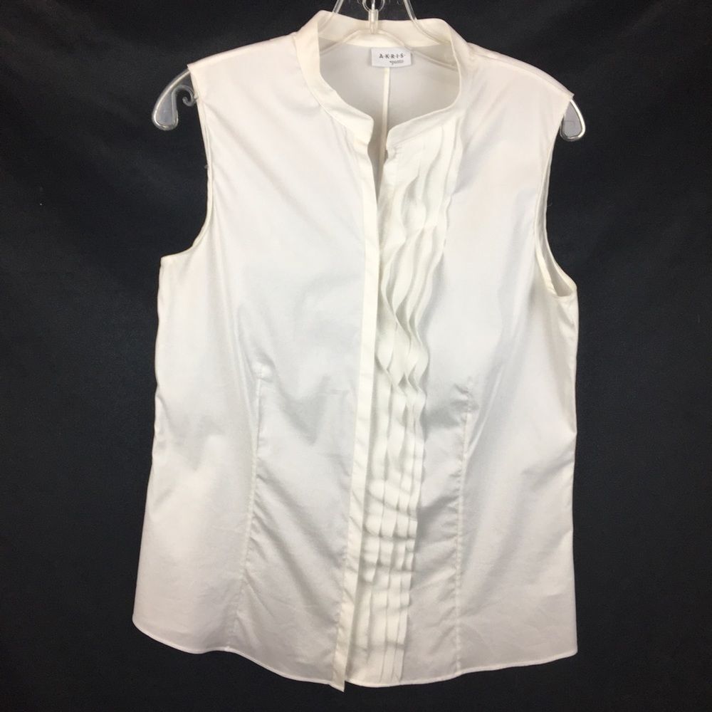 Akris White Ruffle Front Button Up Sleeveless Cot… - image 2